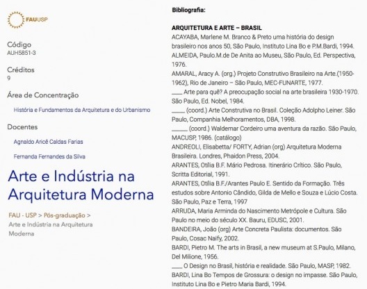 Parte inicial da bibliografia do curso “Arte e Indústria na Arquitetura Moderna”, pós FAU USP
