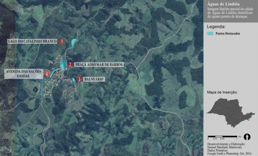 Imagem aérea de Águas de Lindóia com a localização dos projetos responsáveis pela macrodrenagem. Edição realizada pelos autores