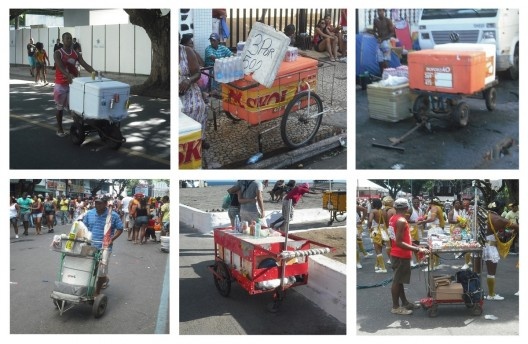 Fig. 2 – Várias modalidades de transporte, de acordo com condições e perfil do produto, conforme encontrados no Carnaval de Salvador, em 2013, e, em grau menor, durante festejos menores e o cotidiano da cidade.