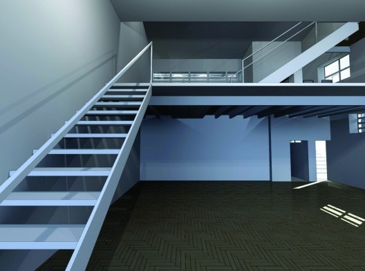 Perspectiva do atelier, vendo a sala no pavimento superior. Casa-atelier de Samson Flexor. São Paulo. Rino Levi, 1951.