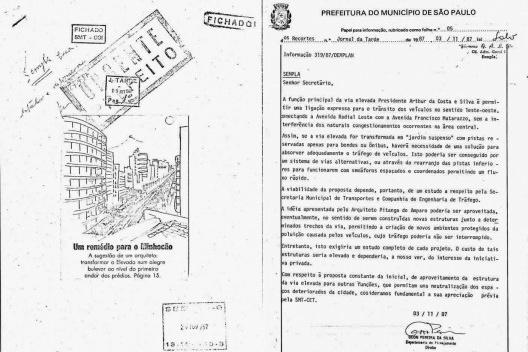 Ofício de Odon Pereira da Silva, diretor do Departamento de Planejamento, para o Secretário de Planejamento de São Paulo, sobre a viabilidade do Minhocão se tornar “jardim suspenso”, 03 nov. 1987