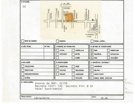 Ficha do 3° Inventário de 1986 realizada pelo Ippuc, relativa ao antigo Hotel Tassi