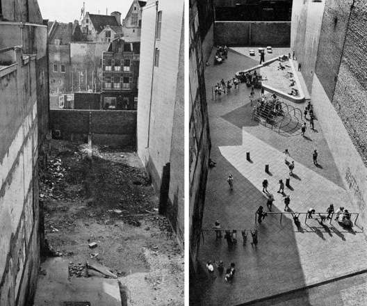 Criação de espaço lúdico em Dijkstraat, Amsterdã, Holanda, 1954