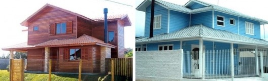 À esquerda, tipologia de casa grande pré-fabricada de madeira, com tábuas horizontais aparentes, encaixe macho-fêmea; à direita, tipologia de casa grande pré-fabricada de madeira, com tábuas horizontais pintadas, encaixe macho-fêmea. Florianópolis S