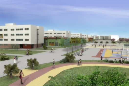 Mini parque urbano. À esquerda, alternância das tipologias habitacionais