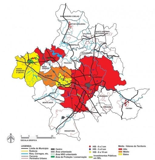Base da RMC e dos municípios de Campinas e Americana com espacialização dos valores do território e a localização dos investimentos em habitação de interesse social