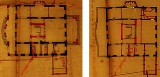 Plantas do térreo e do andar superior, com projeto de reforma de Palumbo