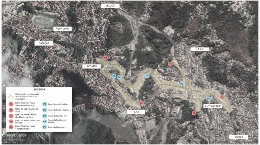 Mapa com a delimitação da área de abrangência das procissões da Semana Santa