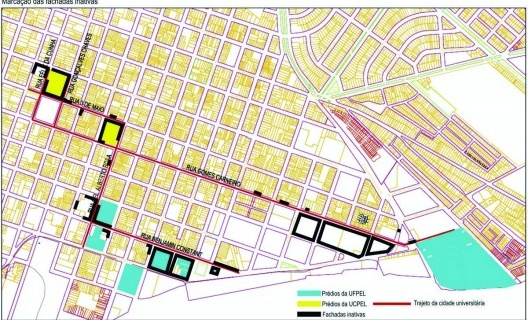 : Identificação em mapa das fachadas inativas do bairro do Porto em Pelotas, que estão marcadas pelas linhas pretas em negrito