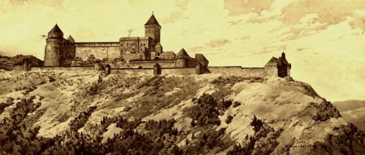 O castelo Hohkönisburg. Aquarela de Bodo Ebhardt publicada no memorial do autor, 1900