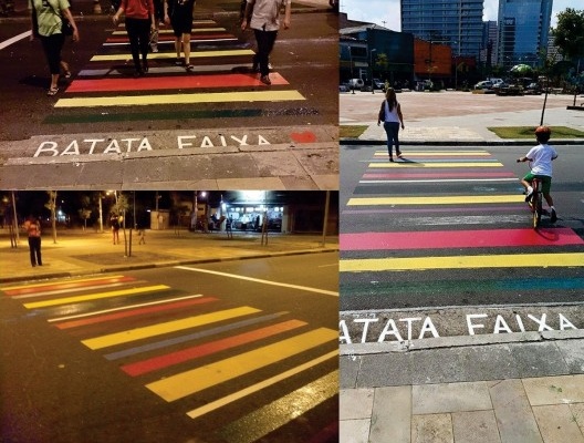 Faixa pronta e sendo usada já pelos pedestres no mesmo dia (esquerda). Faixa sendo usados dois dias depois da finalização (direita)