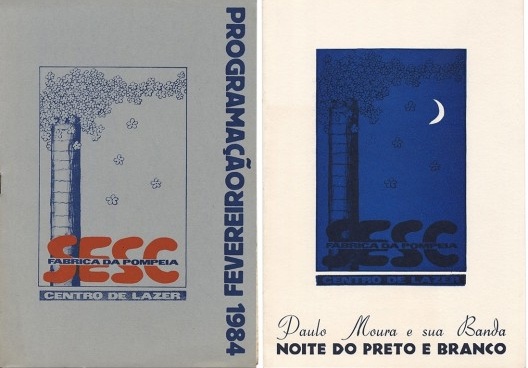 Programação do Sesc Pompeia impressa na oficina de tipografia, design Victor Nosek, 1984; cardápio para baile na choperia, impresso na oficina de tipografia, design Victor Nosek, 1984
