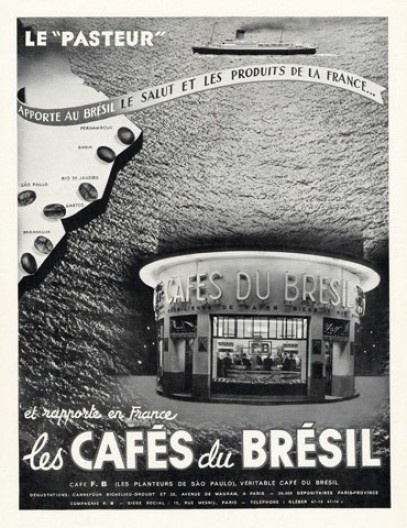 Cartaz publicitário do bar-degustação Cafés du Brésil, situado no bulevar Haussmann, anos 1930