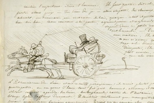 Desenho de Eugène E. Viollet-le-Duc em carta para a esposa Elisa, 29/09/1842, viagem de charrete na chuva do arquiteto a Saint-Antonin-Noble-Val, para reconhecimento dos bens a preservar na França
