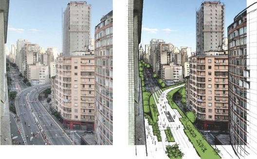 Projeto de criação do Parque Minhocão, visto superior, com o verde predominando na região