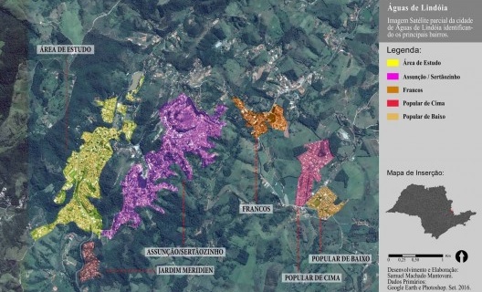 Imagem satélite atual da cidade com a identificação dos bairros principais de Águas de Lindóia. Edição realizada pelos autores