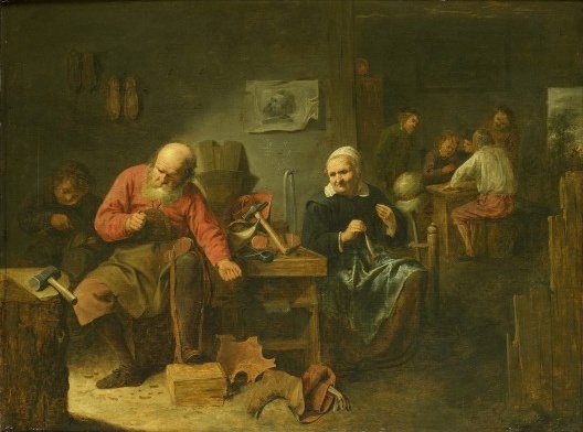 David Ryckaert III, Um atelier de sapateiro (De schoenmakerswerkplaats). Pintura a óleo, c.1650)