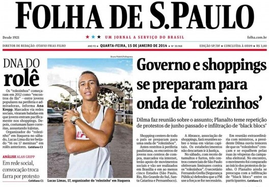 Capa do jornal Folha de São Paulo de 15 de janeiro de 2014, que noticiou o rolezinho