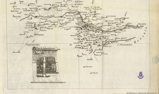 Mapa da região de Viena, no livro Relation d'un Voyage en Allemagne. Método da triangulação aplicado na cartografia em outros países, além da França