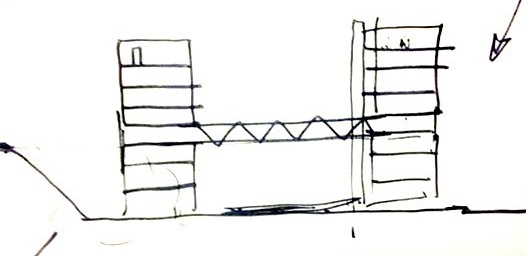 Conjunto Heliópolis Gleba G, pátio do conjunto, São Paulo, 2011, arquitetos Artur Katchborian e Mario Biselli Corte do projeto, croqui de Mario Biselli, 2016