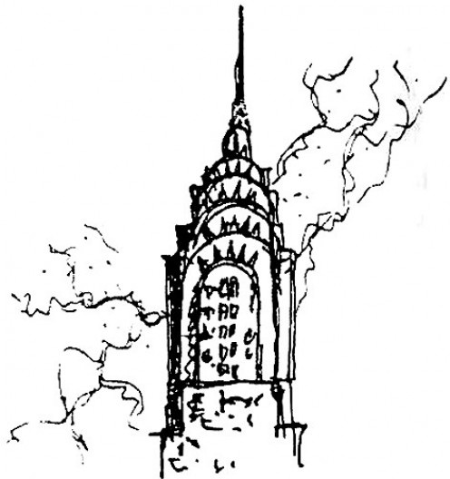 Chrysler Building, metáfora do castelo medieval. Croqui de Paulo Casé