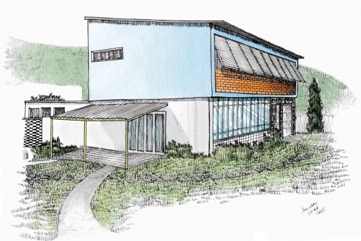 Volume azul do 2º pavimento contrasta com as paredes brancas do andar inferior Residência Romeu Arcuri