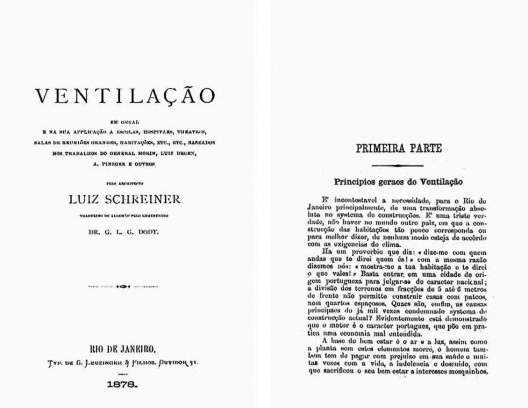 Página de rosto e início do livro: SCHREINER, Luiz. Estudos sobre ventilação em geral e na sua applicação (...). Rio de Janeiro, Typ. De Leuzinger, 1878