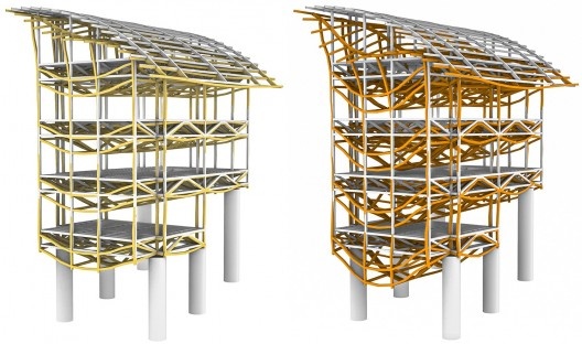 Para efeito de visualização, o modelo recebe uma carga vertical permanente de 50x (em amarelo) e de 100x (em laranja) o valor de referência, ou seja, a carga em uso prevista. A deformação das vigas em balanço (A) é significativamente maior do que a deform