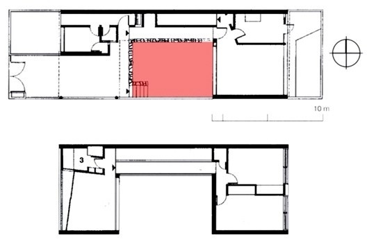 Casa Geraldo D’Estefani, plantas dos pavimentos térreo e superior com pátio em destaque, 1950