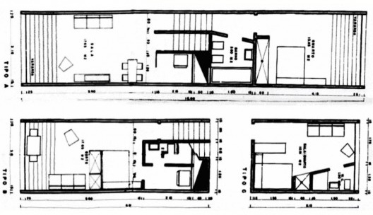 Conjunto JK, apartamentos tipo A (semi-duplex), B e C, Oscar Niemeyer, 1954