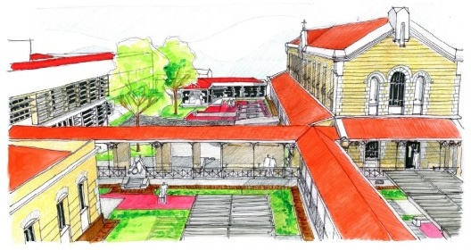 Três estudos para as praças/jardins do Hospital de Retaguarda e Reabilitação Física. Podemos perceber a preocupação da proposta em dotar espaços de convívio voltados à natureza, convidando o paciente a interagir com os outros usuários ou visitantes em loc