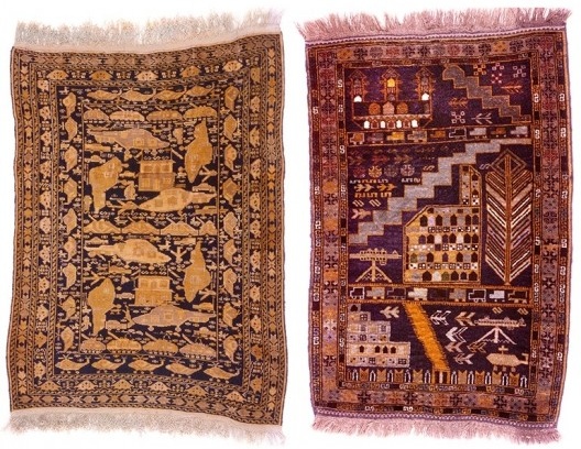 Tapetes afegãos da década de 1980. Caminhões, tanques, helicópteros, jatos e metralhadoras Kalashnikov invadem as tradicionais composições tribais. Granadas substituem as romãs