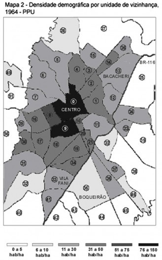 Mapa de Densidade demográfica por unidade de vizinhança em Curitiba, 1964