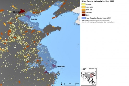 Mapa aponta concentrações urbanas no leste da China, em estudo desenvolvido na Universidade de Columbia