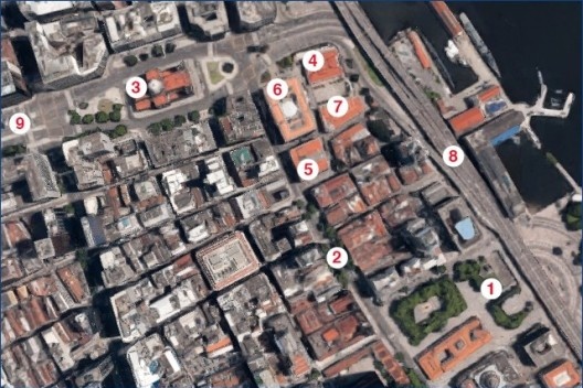 Área de estudo: 01. Praça XV; 02. Rua 1º de Março; 03. Igreja da Candelária; 04. Casa França Brasil; 05. Prédios dos Correios; 06. Centro Cultural Banco do Brasil; 07. Centro Cultural dos Correios; 08. Avenida Perimetral; 9. Avenida Presidente Vargas