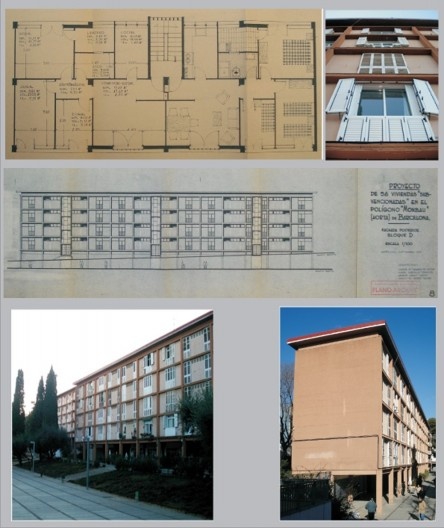 Detalhe da planta baixa do bloco C e D, e fachada do bloco D de autoria de Joaquin M. Casamor, Manuel Dargallo, Enrique Giralt, Ignácio M. Serra Godoy, 1959