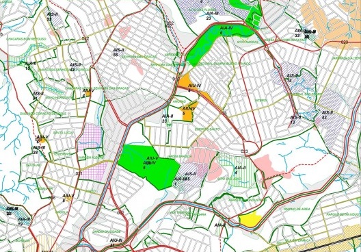 Mapa do Plano Diretor com destaque para as áreas verdes