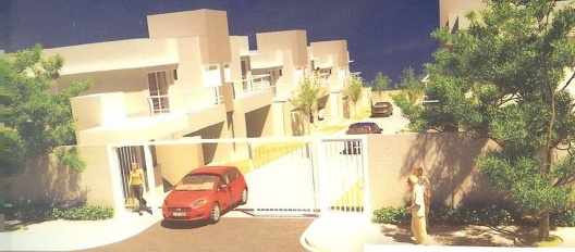 Condomínio Paineiras House: perspectiva artística do conjunto pertencente ao material de propaganda apresentando a rua central e um dos blocos residenciais de casas geminadas