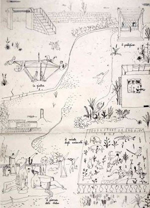 Ilustração para contos infantis, Itália, 1942. Formas-tipo: \"o pavilhão\", \"o recinto para os animais\", \"a piazzale de esculturas\" e \"o carrossel\"