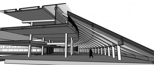 Seção transversal passando pelo anel externo, semicírculo Oeste: laje dupla e sistema de viga-pilar-laje disposto em posição inclinada