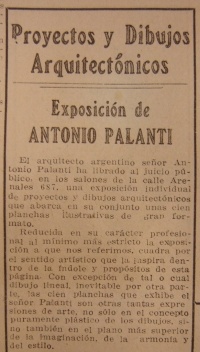 Notas sobre a inauguração da “Muestra Personal de arquitectura del Arq. Mario Palanti”. La Prensa 8 de noviembre de 1916. Biblioteca Dardo Rocha, Universidad Nacional de La Plata