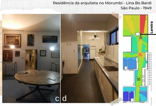 Comparação dos achados versus VGA: a. vista da sala e lareira a partir do escritório; b. corredor principal e escada; c. sala de jantar e porta de acesso a cozinha; d. Cozinha