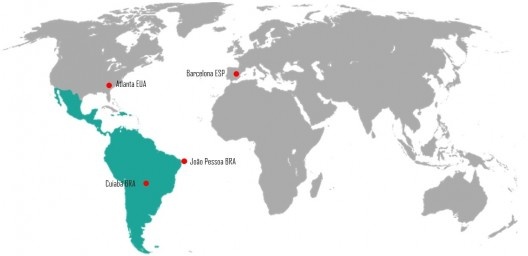 As quatro cidades selecionadas para a análise das parcelas urbanas de 5 ha: João Pessoa-PB, Cuiabá-MT, Barcelona (Espanha) e Atlanta (EUA)