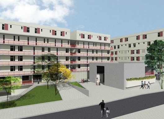 Reurbanização da favela do Sapé, perspectiva do conjunto E-02, Rio Pequeno, São Paulo, 2014. Base 3 Arquitetos, arquitetos Marina Grinover, Catherine Otondo e Jorge Pessoa