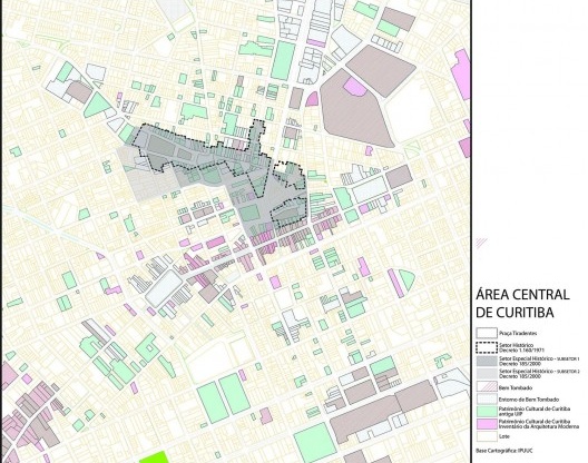 Planta indicativa dos perímetros do Setor Histórico (1971) e do Setor Especial Histórico 1 e 2 (2000) e da localização das edificações pertencentes ao Patrimônio Cultural de Curitiba