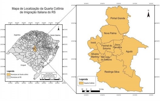 Mapa com a delimitação da área de estudo e os respectivos municípios que compõem a Região da Quarta Colônia de imigração do Rio Grande do Sul
