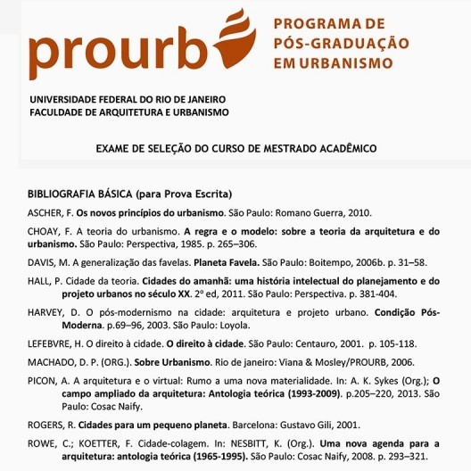 Edital de convocação de exame de seleção para alunos do mestrado do Prourb da Universidade Federal do Rio de Janeiro em 2017