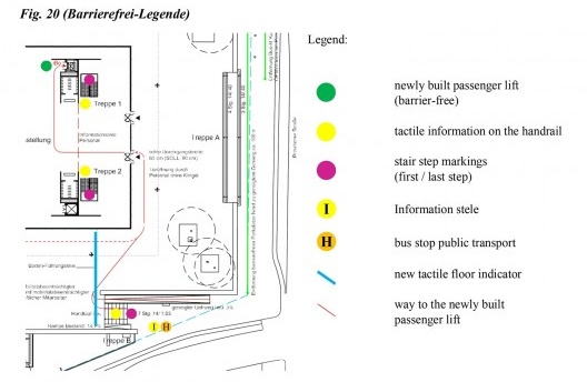 Área do pavimento térreo e terraço entre o ponto de ônibus e a escada (Treppe B) — seção do projeto de acessibilidade