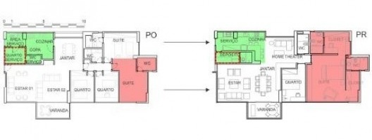 Suítes no projeto original e no reformado com \"supersuíte\"