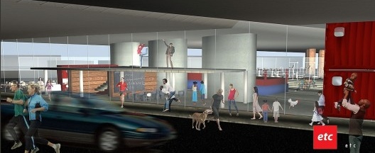 Figura 8 – Espaço multi-uso sobre Mezanino (dança/leitura/computadores) + Biblioteca / Pré-escola abaixo-praça cultural. Ao fundo, academia de boxe-praça esportiva